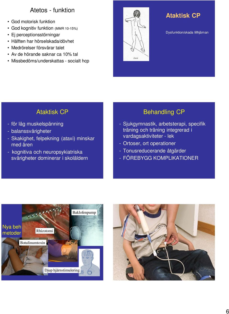 minskar med åren - kognitiva och neuropsykiatriska svårigheter dominerar i skolåldern Behandling CP - Sjukgymnastik, arbetsterapi, specifik träning och träning integrerad i