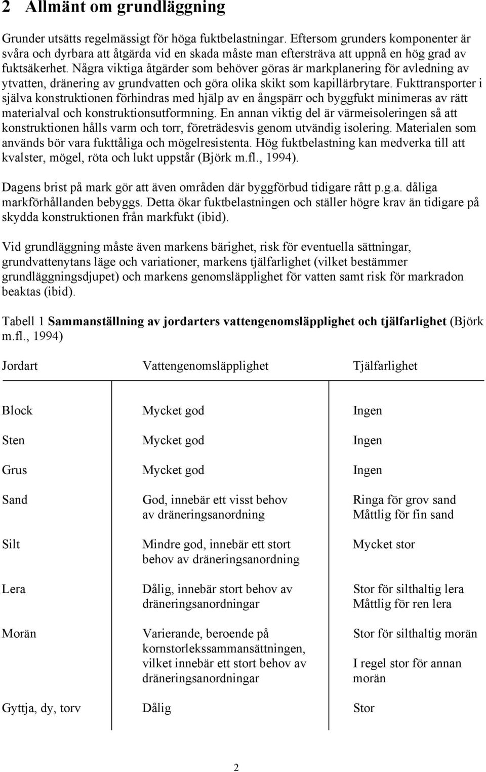 Några viktiga åtgärder som behöver göras är markplanering för avledning av ytvatten, dränering av grundvatten och göra olika skikt som kapillärbrytare.