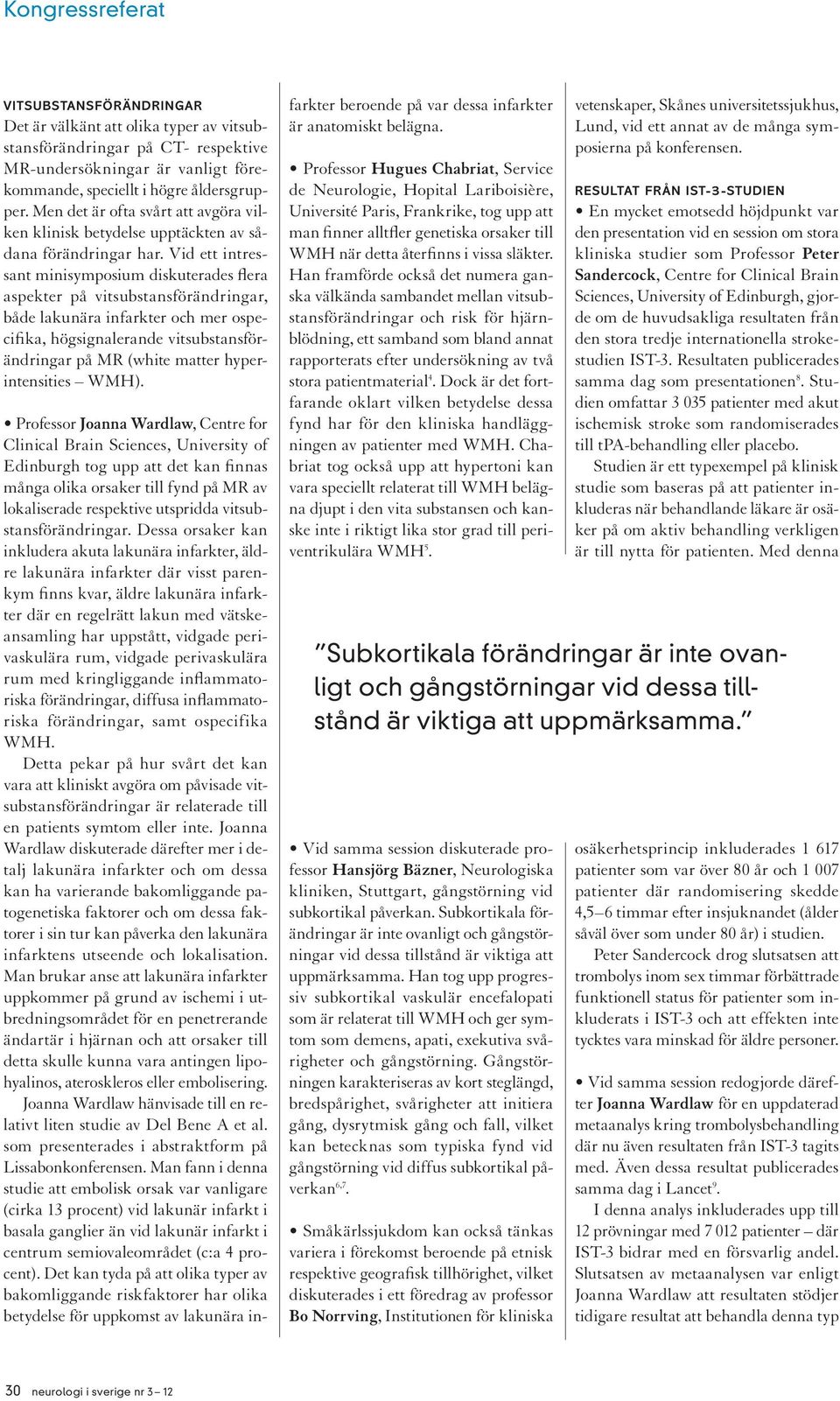 Vid ett intressant minisymposium diskuterades flera aspekter på vitsubstansförändringar, både lakunära infarkter och mer ospecifika, högsignalerande vitsubstansförändringar på MR (white matter