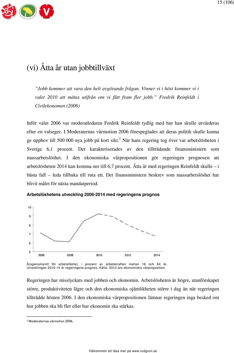 I Moderaternas vårmotion 2006 förespeglades att deras politik skulle kunna ge upphov till 500 000 nya jobb på kort sikt. 5 När hans regering tog över var arbetslösheten i Sverige 6,1 procent.