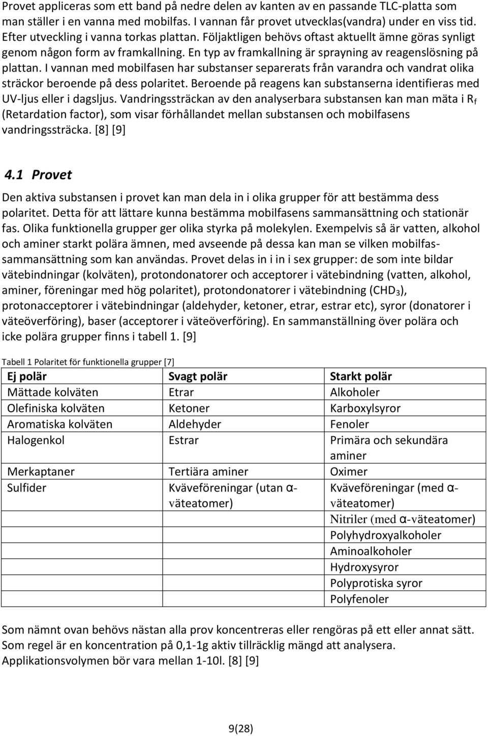 I vannan med mobilfasen har substanser separerats från varandra och vandrat olika sträckor beroende på dess polaritet. Beroende på reagens kan substanserna identifieras med UV-ljus eller i dagsljus.