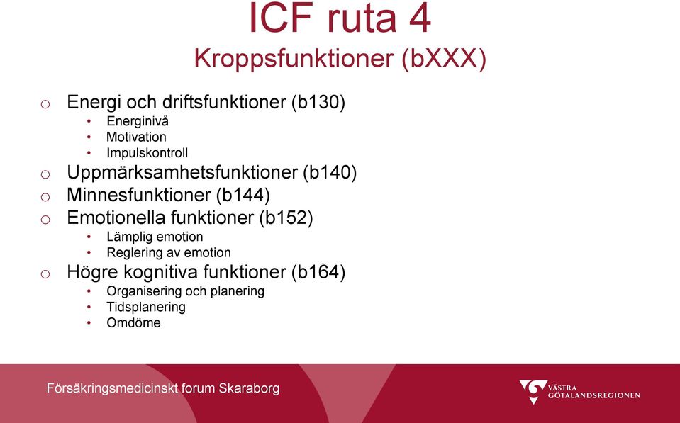 Minnesfunktioner (b144) Emotionella funktioner (b152) Lämplig emotion Reglering