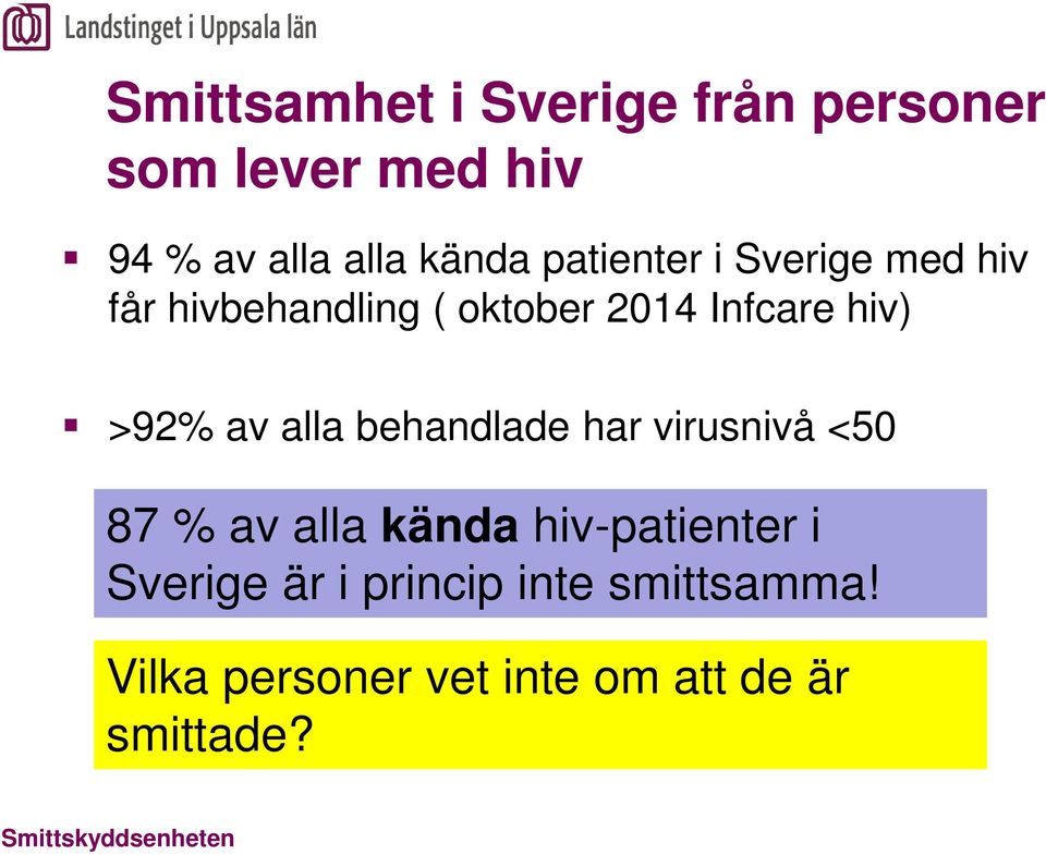 alla behandlade har virusnivå <50 87 % av alla kända hiv-patienter i Sverige är i