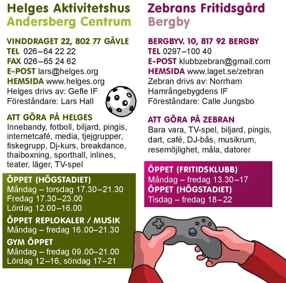 org Helges drivs av: Gefle IF Föreståndare: Lars Hall ATT GÖRA PÅ HELGES Innebandy, fotboll, biljard, pingis, internetcafé, media, tjejgrupper, fiskegrupp, Dj-kurs, breakdance, thaiboxning,