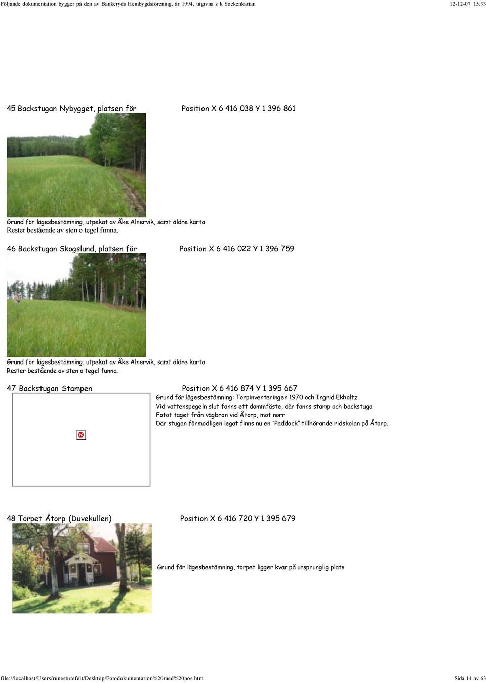 47 Backstugan Stampen Position X 6 416 874 Y 1 395 667 Grund för lägesbestämning: Torpinventeringen 1970 och Ingrid Ekholtz Vid vattenspegeln slut fanns ett dammfäste, där fanns stamp och backstuga
