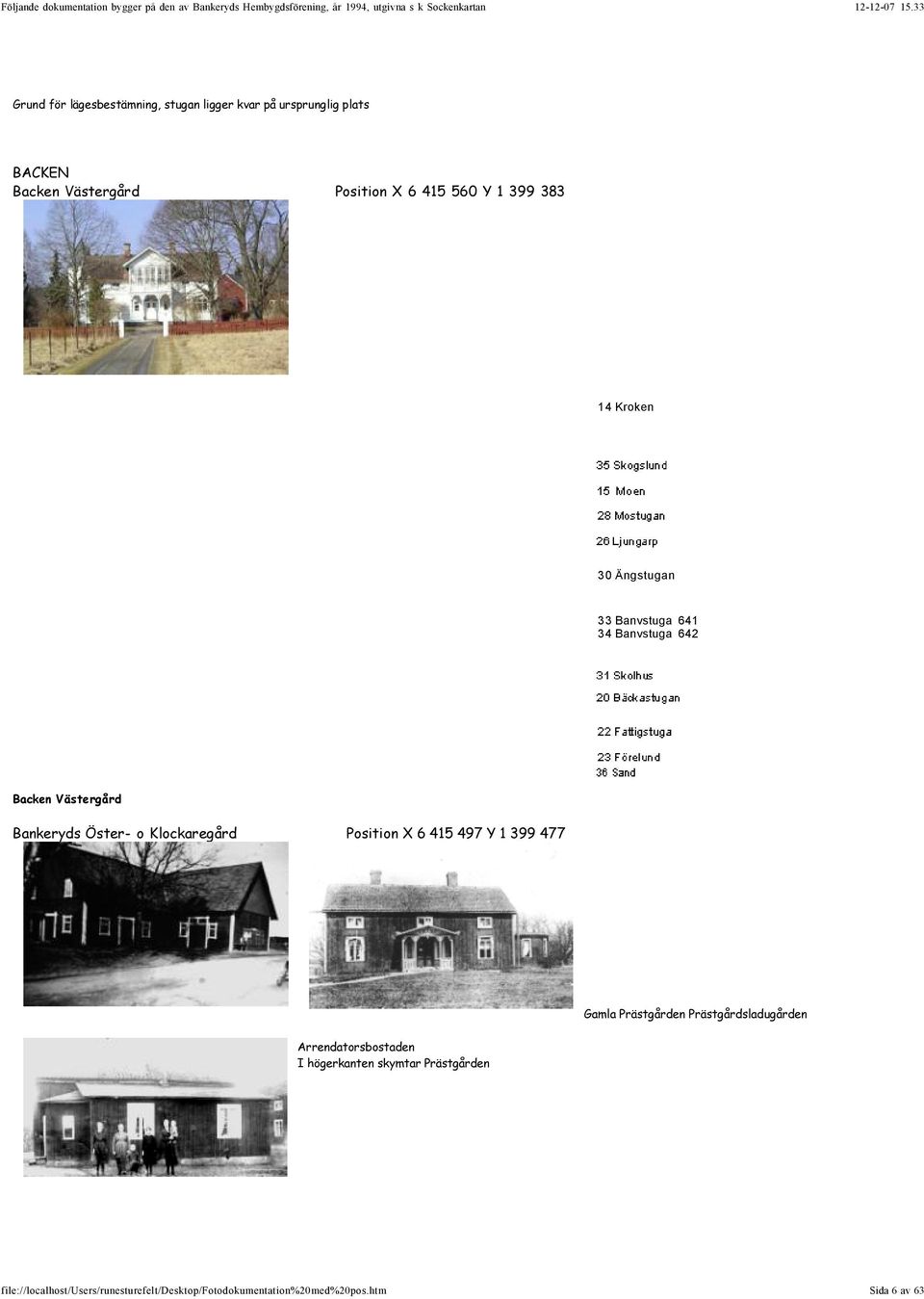 Backen Västergård Bankeryds Öster- o Klockaregård Position X 6 415 497 Y 1 399 477 Gamla