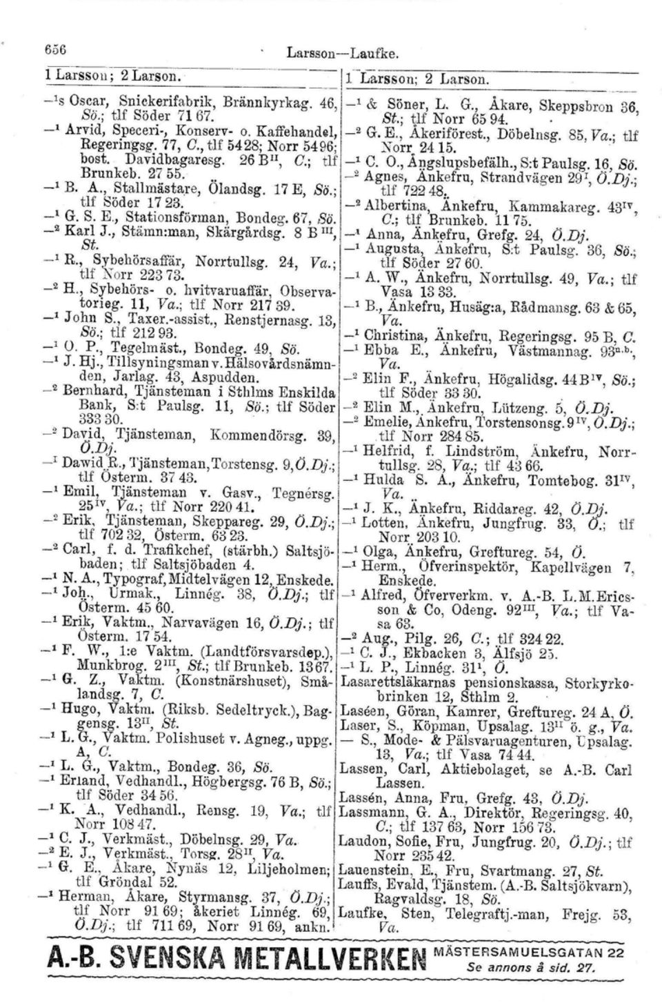 , Angslupsbefälh., S:t Paulsg. 16, Sä. Brunkeb. 2755... _2 Agnes, Ankefru, Strandvägen 29\ O.Dj.; _1 B. A., Stallmästare, Olandsg. 17 E, Sti.; tlf 72248:. tlf Söder 1723.