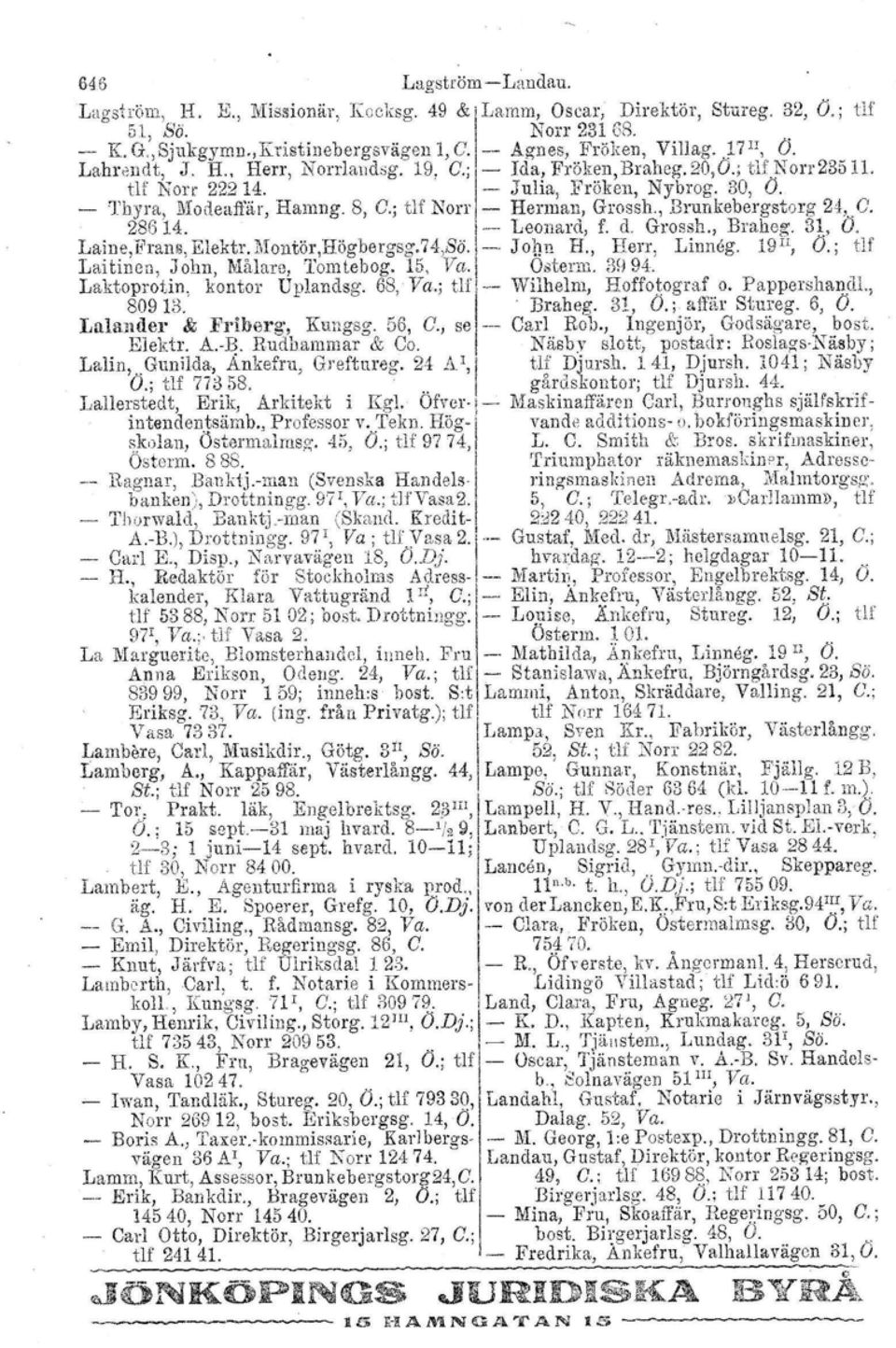 'I'hyra, Modeaffär, Hamng. 8, C.; tlf Norr 1 Herman, Grossh., Brunkebergstorg 24,..C. 28614. 1 Leonard, f. d. Grossh., Braheg. 31., O. Laine.Prans, Elektr, Montör,Högbergsg.74,Sä.l J OnD H.