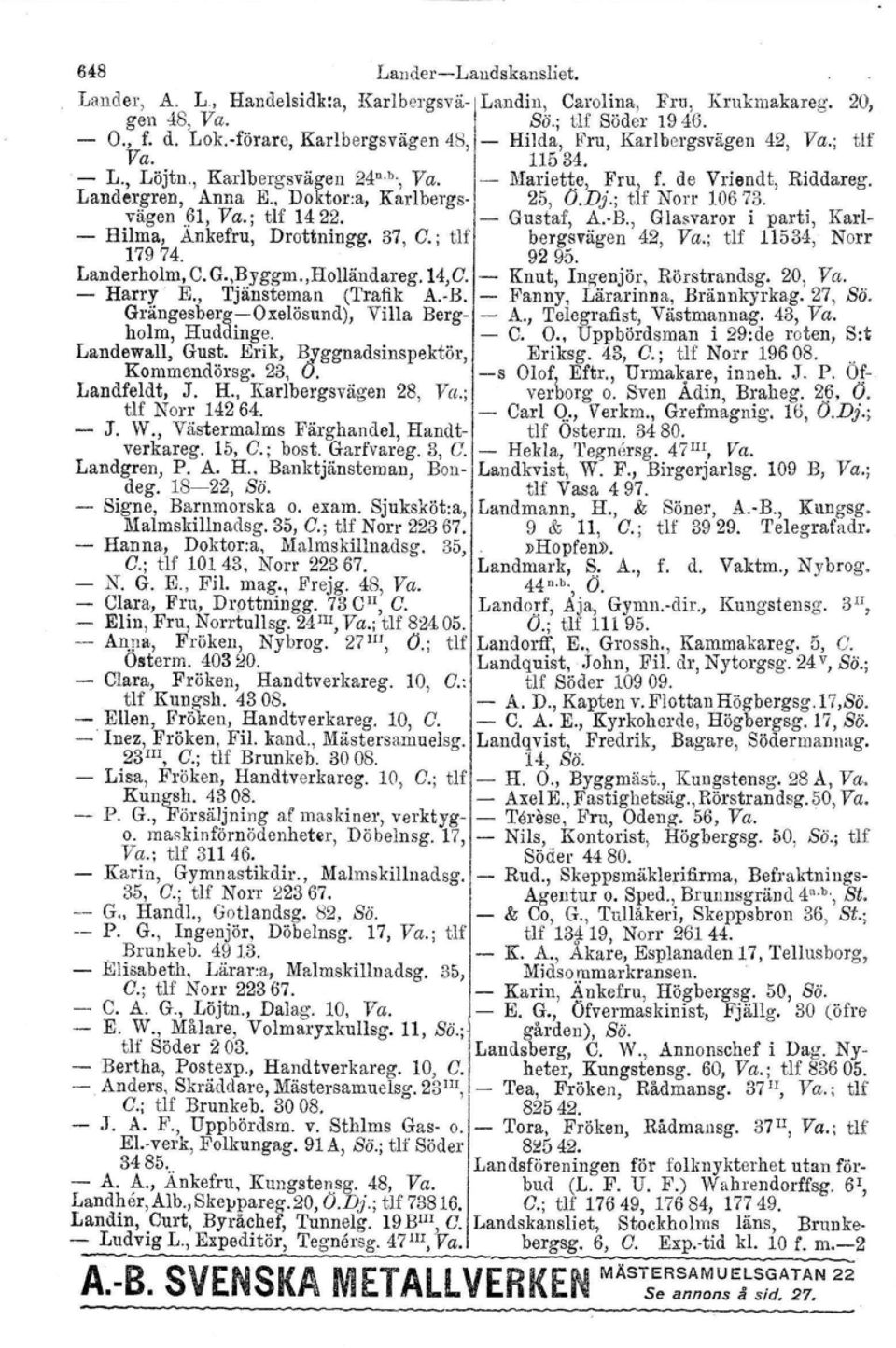 , Doktora, Karlbergs 25, o.di; tlf NOTT10673. vägen.61, Va.; tlf 1422. Gustaf, A. R, Glasvaror i parti, Karl Hilma, Ankefru, Drottningg. 37, C.; tlf bergsvägen 42, Va.; tlf 11534, Norr 17974. 9295.