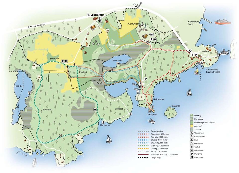 900 meter Blå stig, 1.800 meter Blå/vit stig, 950 meter Grön stig, 4.050 meter Gul stig, 2.500 meter Vit stig, 1.