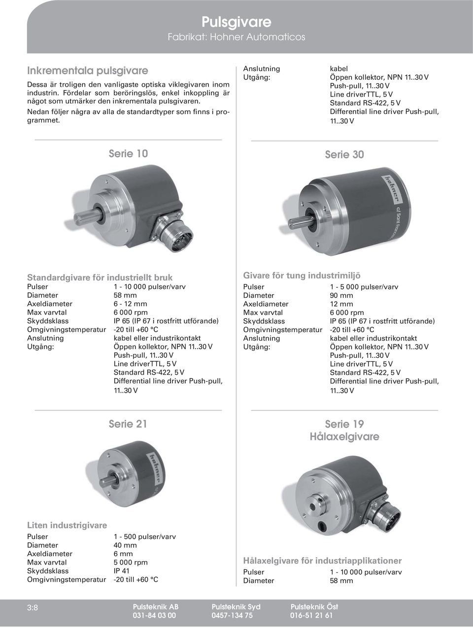 Anslutning Utgång: kabel Öppen kollektor, NPN 11..30 V Push-pull, 11..30 V Line driverttl, 5 V Standard RS-422, 5 V Differential line driver Push-pull, 11.