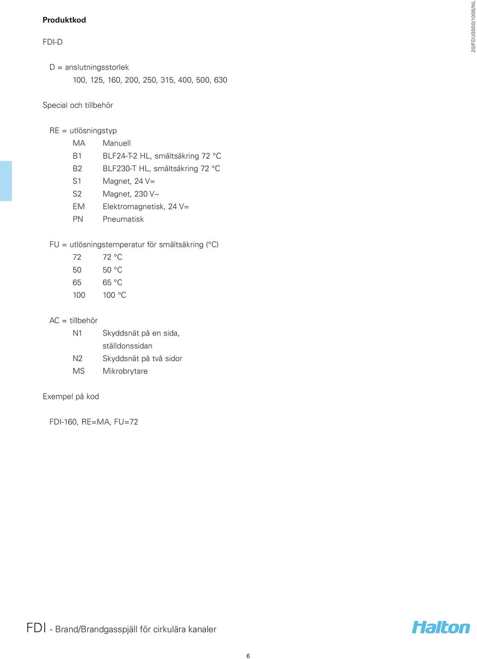 Elektromagnetisk, 24 V= PN Pneumatisk FU = utlösningstemperatur för smältsäkring ( C) 72 72 C 50 50 C 65 65 C 100 100 C AC =