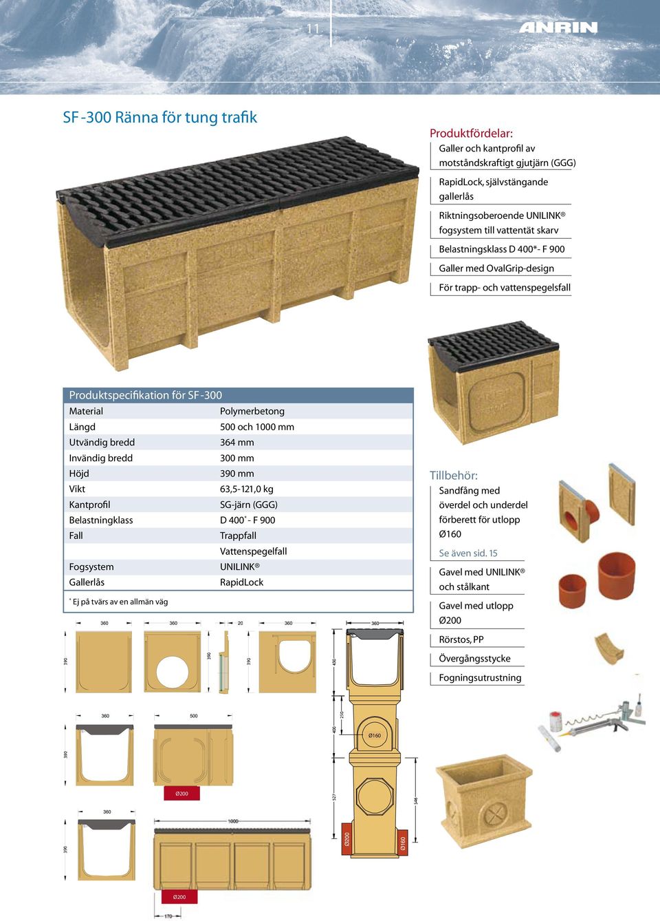 Invändig bredd 300 mm Höjd 390 mm Vikt 63,5-121,0 kg Kantprofil SG-järn (GGG) Belastningklass D 400* - F 900 Fall Trappfall Sandfång med överdel och underdel förberett för utlopp Vattenspegelfall