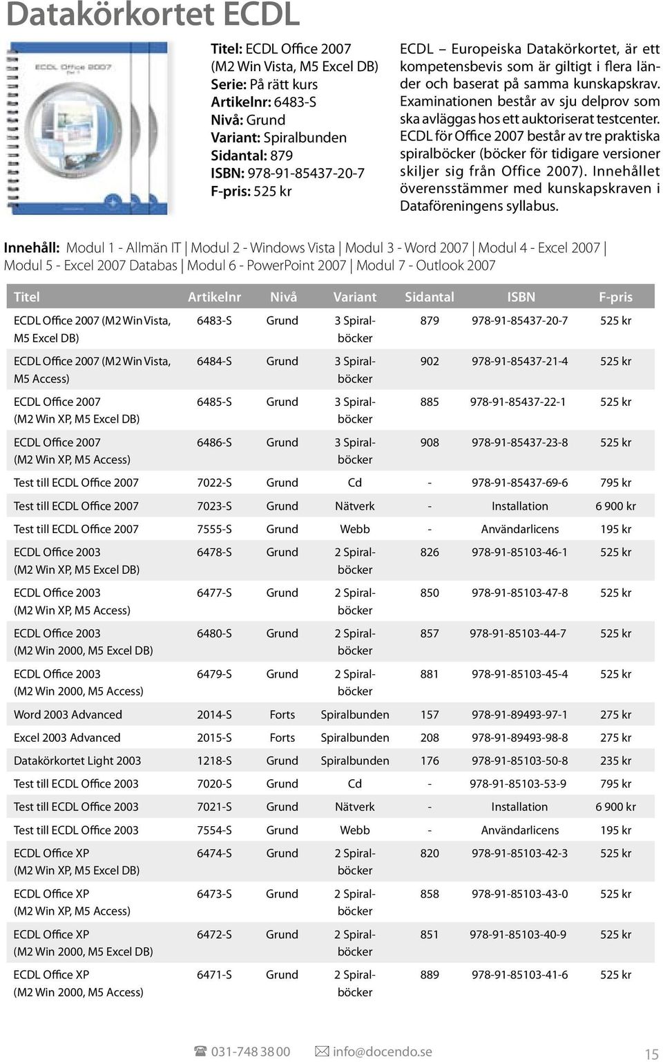 ECDL för Office 2007 består av tre praktiska spiralböcker (böcker för tidigare versioner skiljer sig från Office 2007). Innehållet överensstämmer med kunskapskraven i Dataföreningens syllabus.