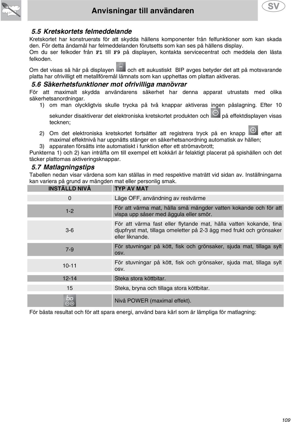Om det visas så här på displayen och ett aukustiskt BIP avges betyder det att på motsvarande platta har ofrivilligt ett metallföremål lämnats som kan upphettas om plattan aktiveras. 5.