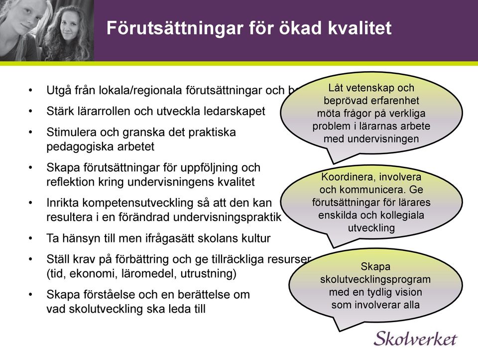 skolans kultur Ställ krav på förbättring och ge tillräckliga resurser (tid, ekonomi, läromedel, utrustning) Skapa förståelse och en berättelse om vad skolutveckling ska leda till Låt vetenskap och