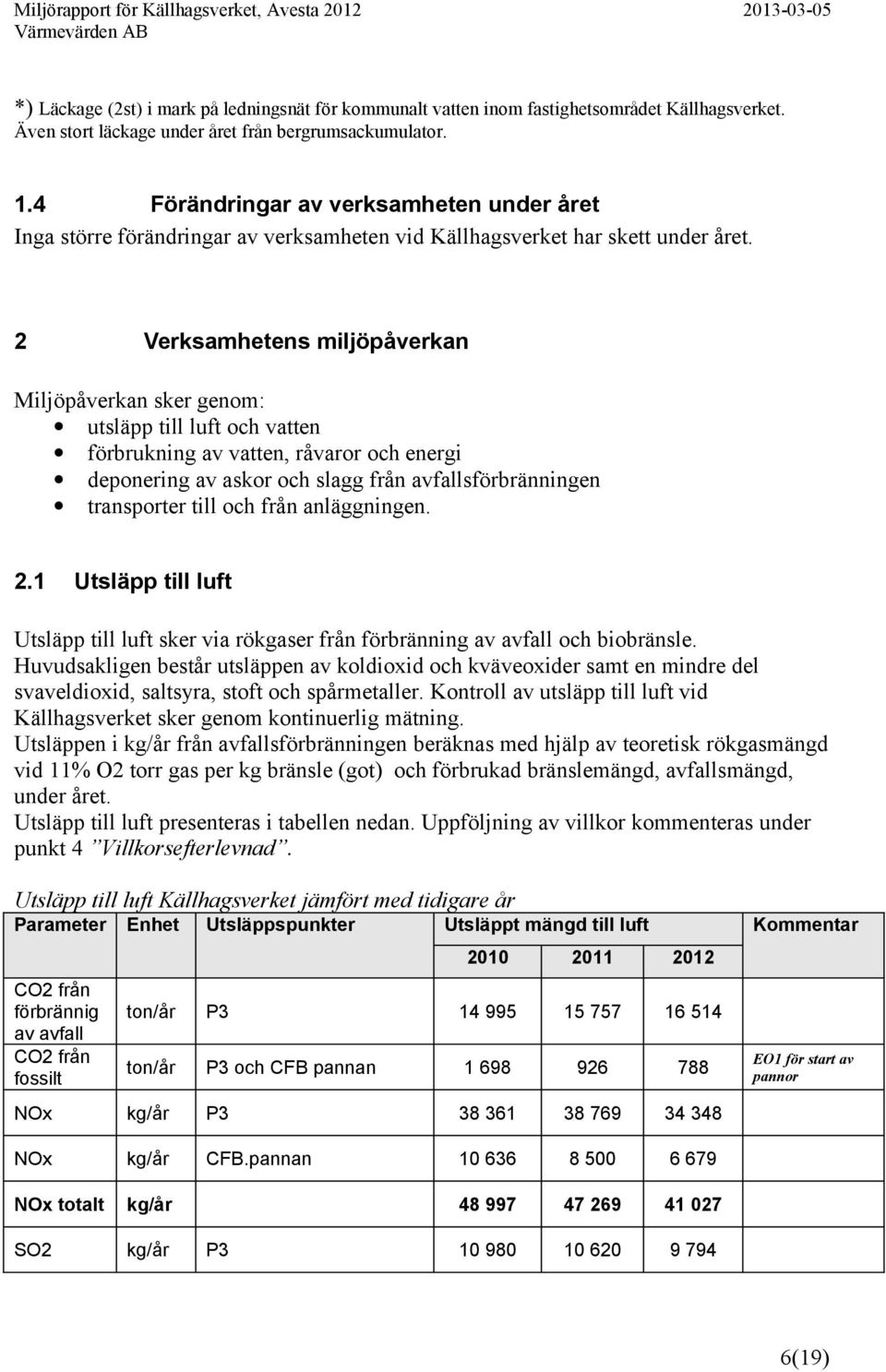 2 Verksamhetens miljöpåverkan Miljöpåverkan sker genom: utsläpp till luft och vatten förbrukning av vatten, råvaror och energi deponering av askor och slagg från avfallsförbränningen transporter till