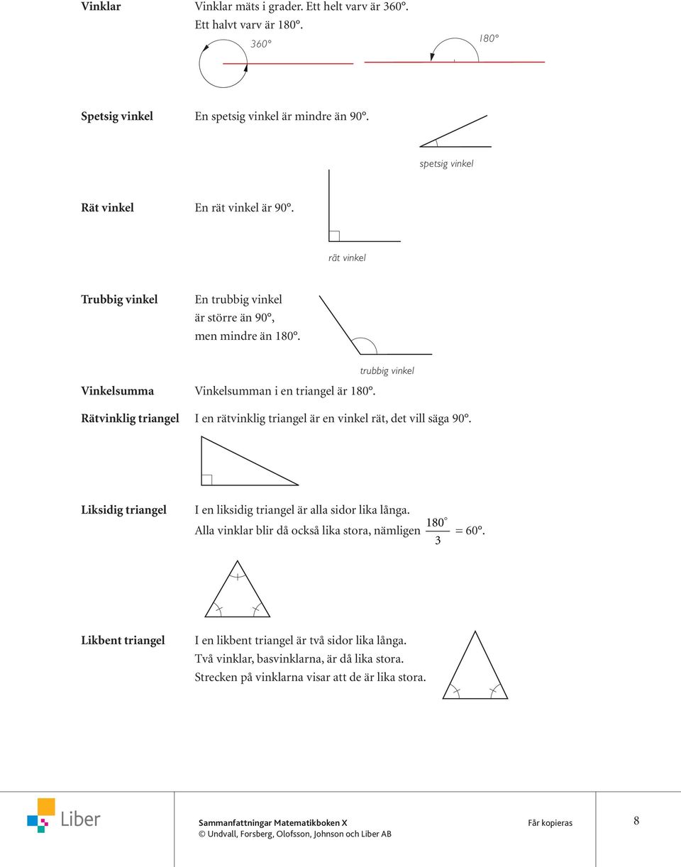 spetsig vinkel rät vinkel trubbig vinkel Vinkelsumma Vinkelsumman i en triangel är 180. Rätvinklig triangel I en rätvinklig triangel är en vinkel rät, det vill säga 90.