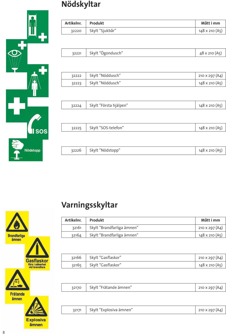 x 210 (A5) 32224 Skylt Första hjälpen 148 x 210 (A5) 32225 Skylt SOS-telefon 148 x 210 (A5) 32226 Skylt Nödstopp 148 x 210 (A5) Varningsskyltar
