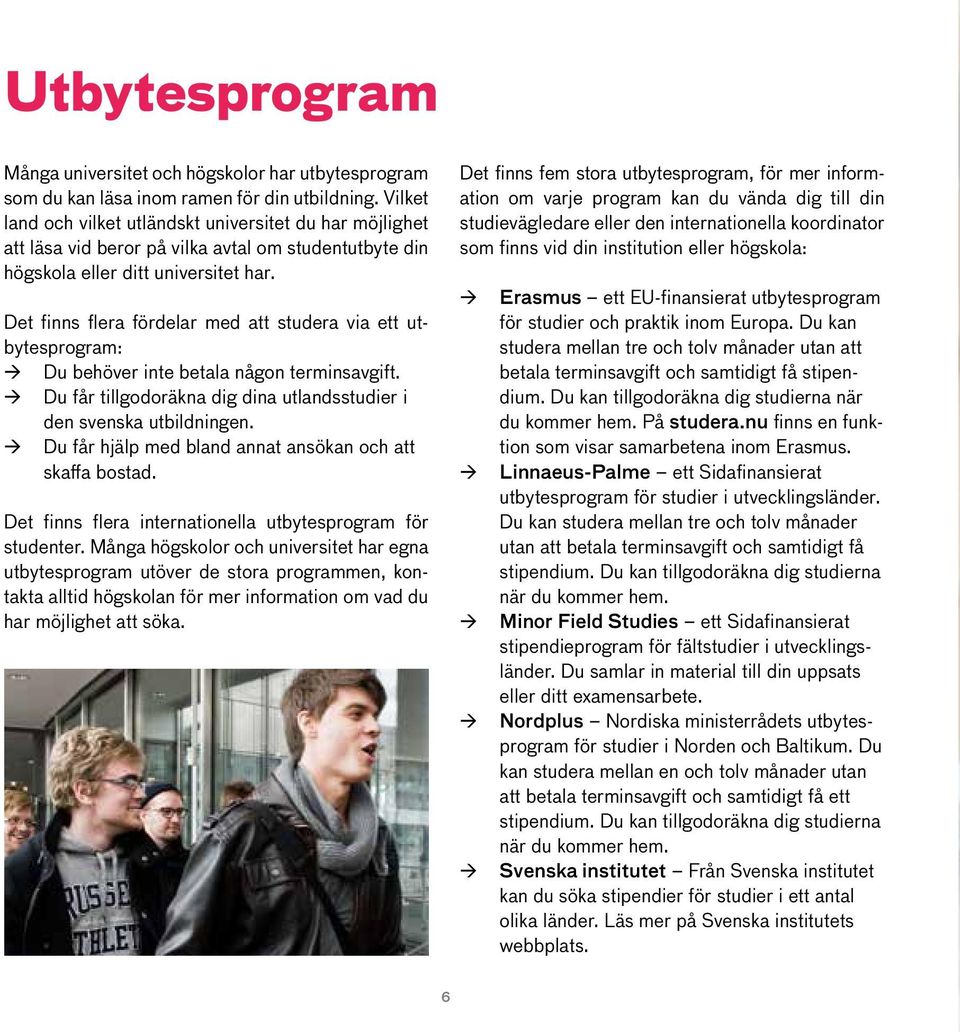 Det finns flera fördelar med att studera via ett utbytesprogram: Du behöver inte betala någon terminsavgift. Du får tillgodoräkna dig dina utlandsstudier i den svenska utbildningen.