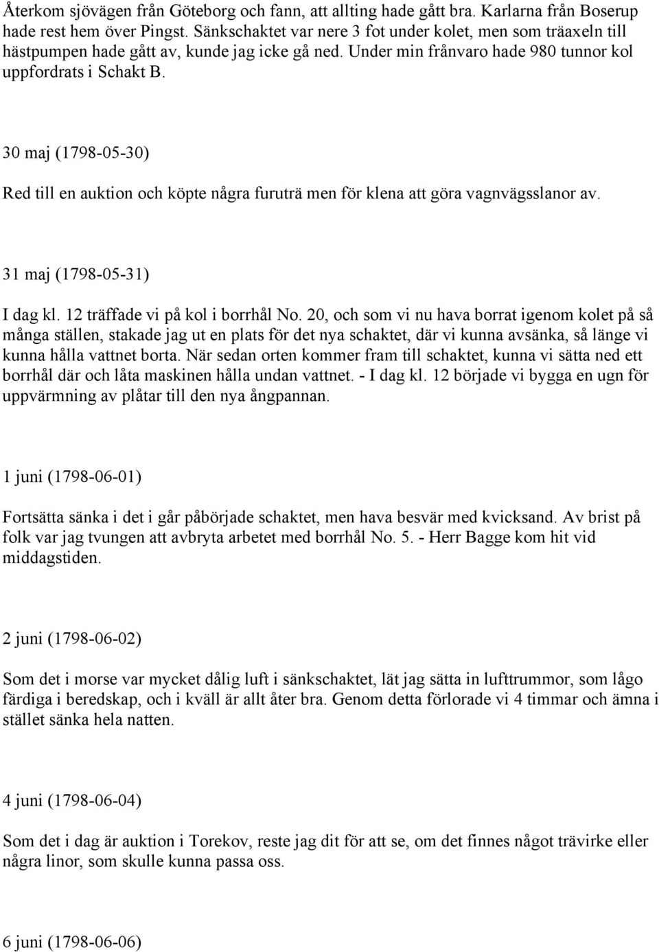 30 maj (1798-05-30) Red till en auktion och köpte några furuträ men för klena att göra vagnvägsslanor av. 31 maj (1798-05-31) I dag kl. 12 träffade vi på kol i borrhål No.