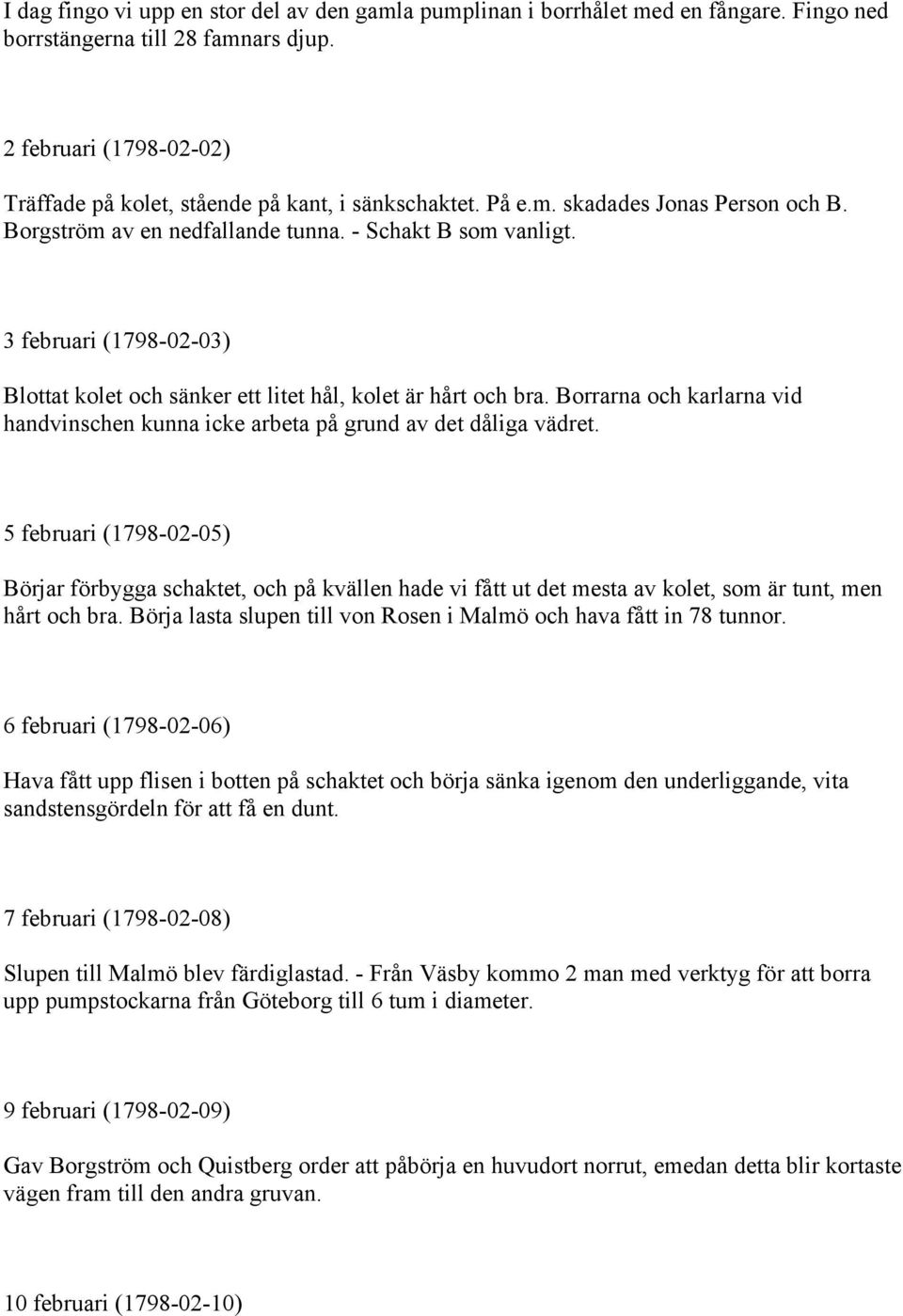 3 februari (1798-02-03) Blottat kolet och sänker ett litet hål, kolet är hårt och bra. Borrarna och karlarna vid handvinschen kunna icke arbeta på grund av det dåliga vädret.