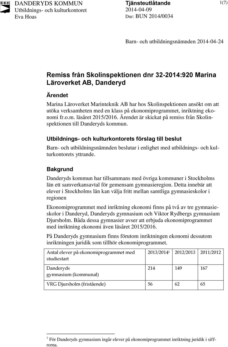s förslag till beslut Barn- och utbildningsnämnden beslutar i enlighet med utbildnings- och kulturkontorets yttrande.
