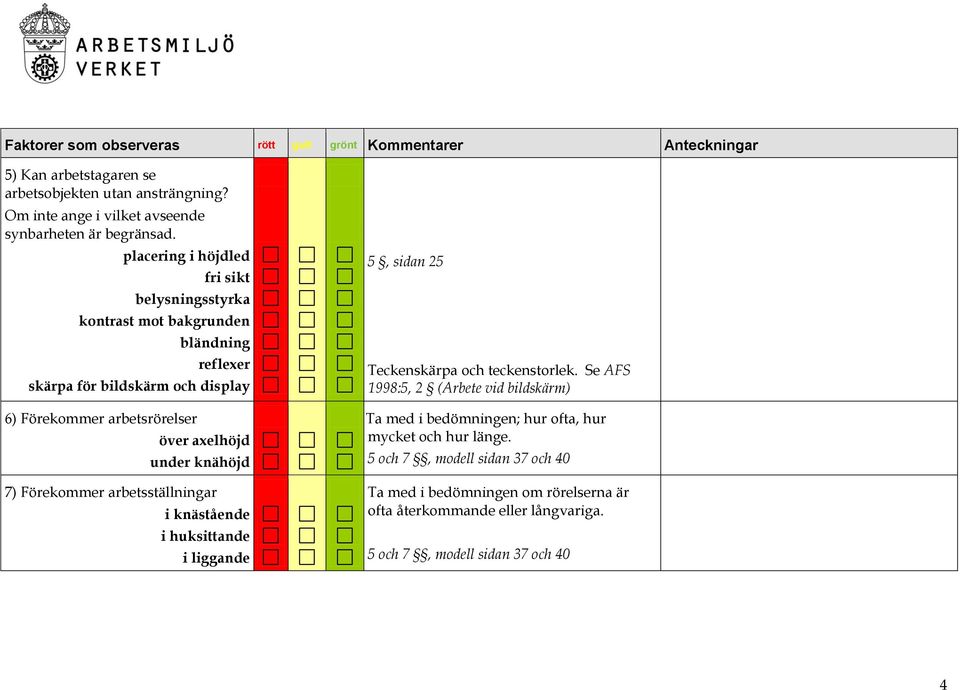 placering i höjdled fri sikt belysningsstyrka kontrast mot bakgrunden bländning reflexer skärpa för bildskärm och display 6) Förekommer arbetsrörelser över axelhöjd under