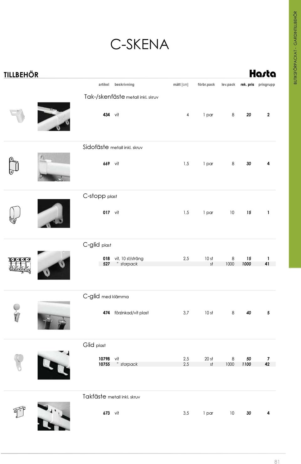 skruv 669 vit 1,5 1 par 8 30 4 C-stopp plast 017 vit 1,5 1 par 10 15 1 C-glid plast 018 vit, 10 st/sträng 2,5 10 st 8