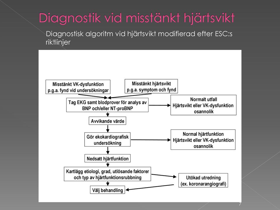 Hjärtsvikt eller VK-dysfunktion osannolik Nedsatt hjärtfunktion Kartlägg etiologi, grad, utlösande faktorer och typ av