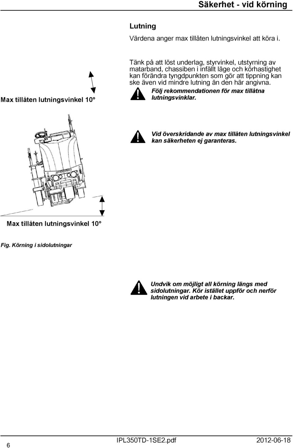 som gör att tippning kan ske även vid mindre lutning än den här angivna. Följ rekommendationen för max tillåtna lutningsvinklar.