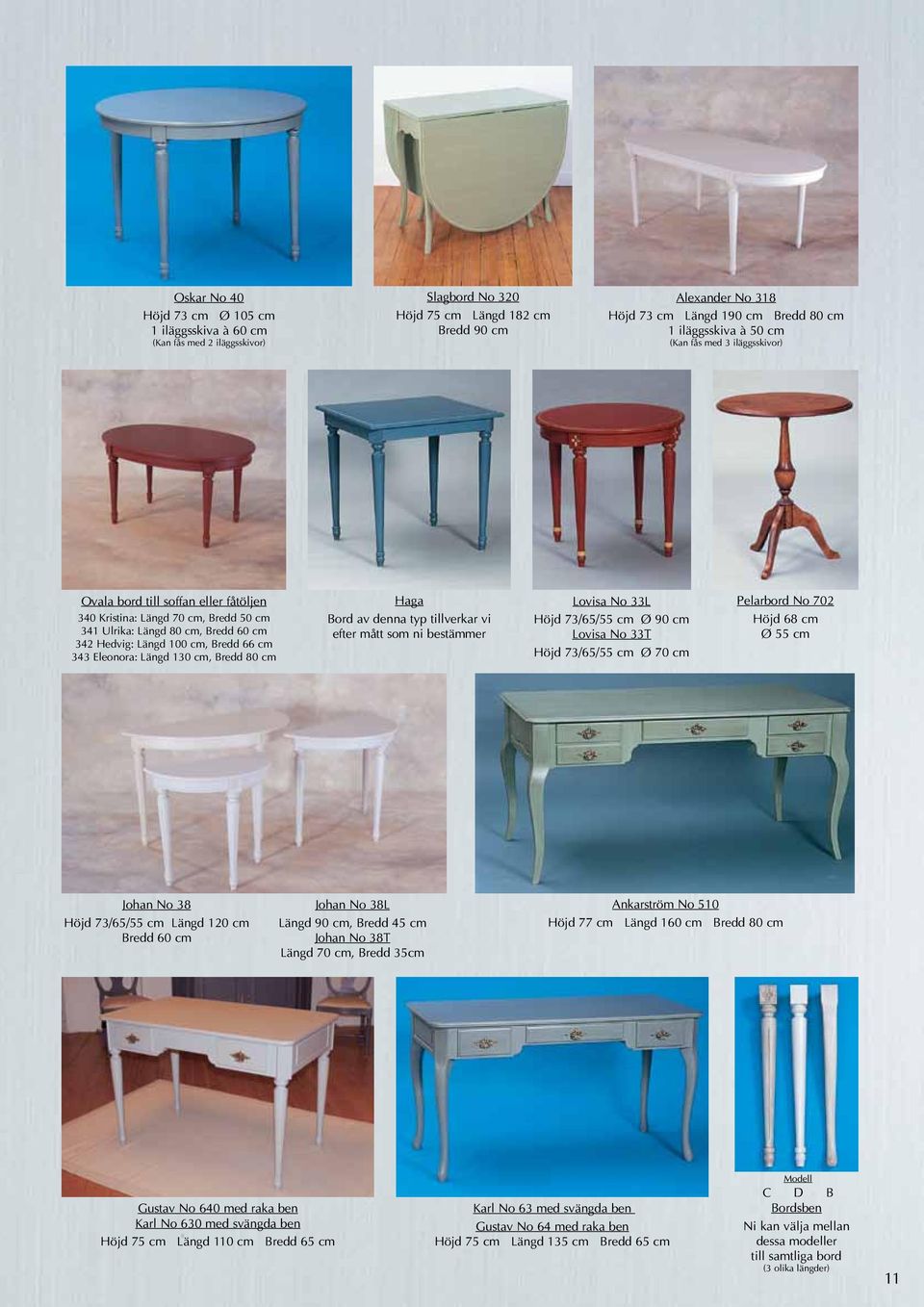 cm 343 Eleonora: Längd 130 cm, Bredd 80 cm Haga Bord av denna typ tillverkar vi efter mått som ni bestämmer Lovisa No 33L Höjd 73/65/55 cm Ø 90 cm Lovisa No 33T Höjd 73/65/55 cm Ø 70 cm Pelarbord No