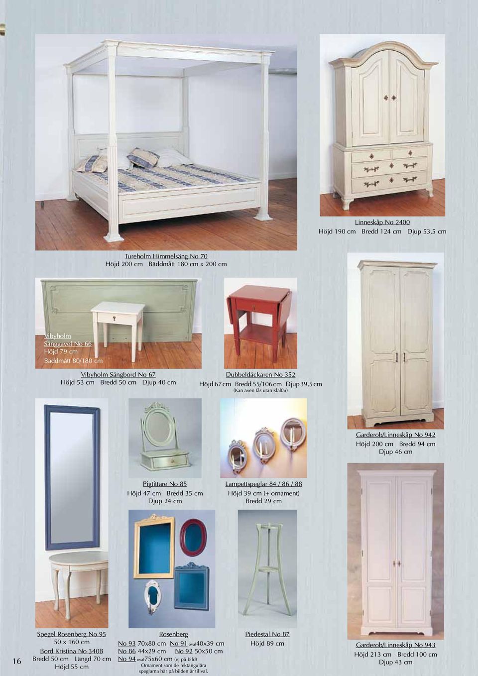 85 Höjd 47 cm Bredd 35 cm Djup 24 cm Lampettspeglar 84 / 86 / 88 Höjd 39 cm (+ ornament) Bredd 29 cm 16 Spegel Rosenberg No 95 50 x 160 cm Bord Kristina No 340B Bredd 50 cm Längd 70 cm Höjd 55 cm