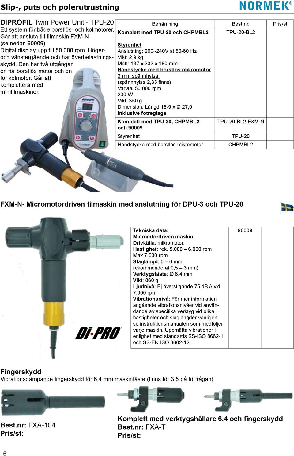 Benämning Komplett med TPU-20 och CHPMBL2 TPU-20-BL2 Styrenhet Anslutning: 200~240V at 50-60 Hz Vikt: 2,9 kg Mått: 137 x 232 x 180 mm Handstycke med borstlös mikromotor 3 mm spännhylsa (spännhylsa