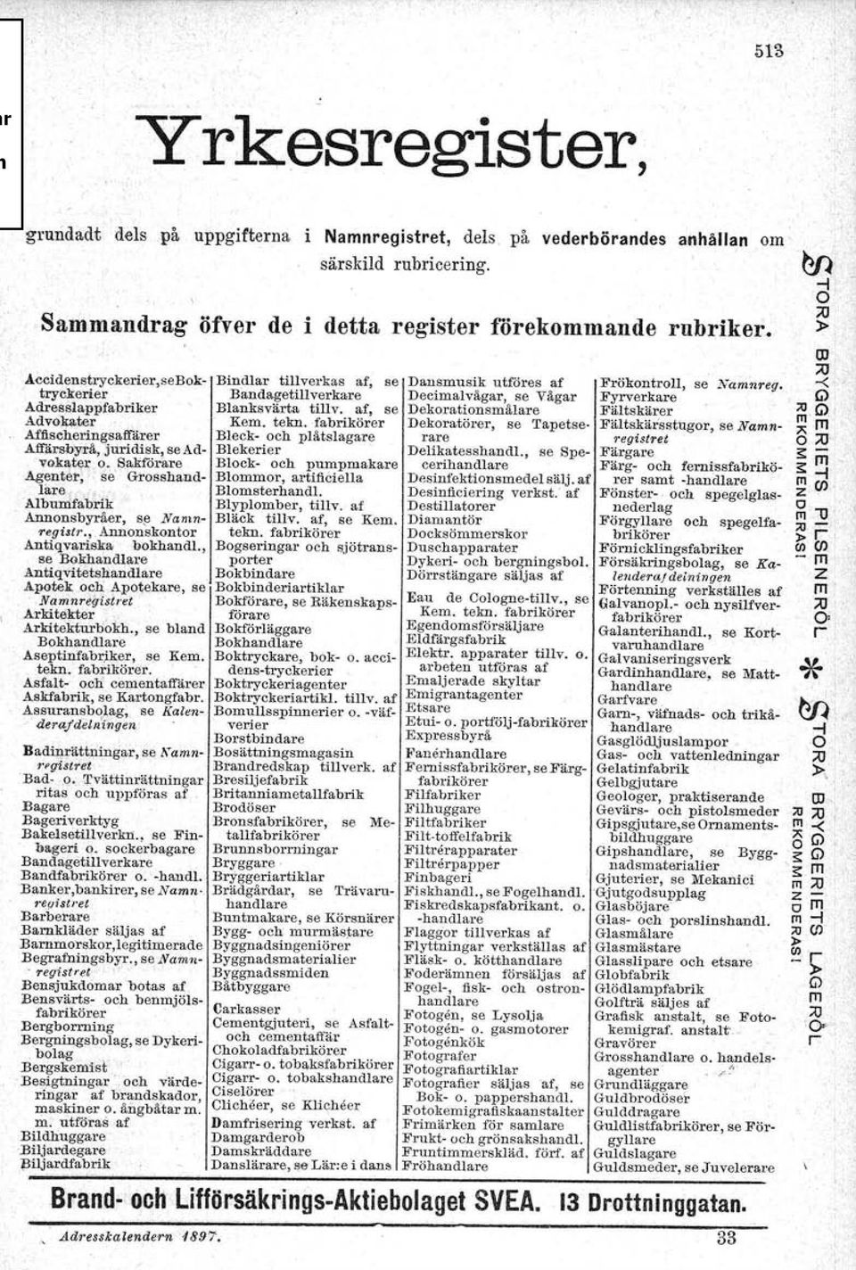 "Albunifabrik Blyplomber, tillv. af Annonsbyråer, s Nan1,n Bläck tillv. af, se Kem. registr., Annonskontor tekn. fabrikörer Antiqvariska bokhandl.
