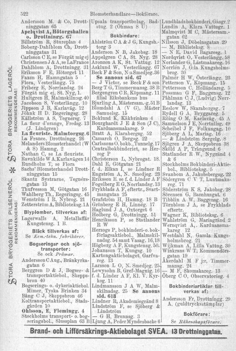 Drottnlneg, 67 Bokbindare: gatan 62. Billström R, Stureplan 4 Ahlström A & J G, Kungsh.- Nilsson J, Döbelnsgatan29 Boberg-Dahlblom Ch, Drott- torg 3 -. - M, Biblioteksg.