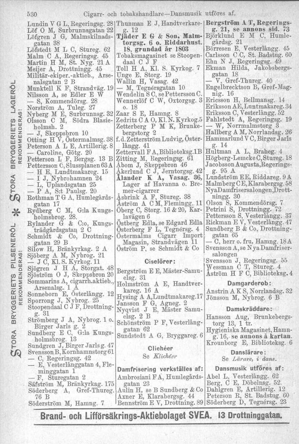 45 Malm A, Regeringsg. 45 Tobaksmagasinet se Stoopen- Carlsson, St. Badstug. 60 _ MartiJ;! H M, St. Nyg. 21 A daal C J F Ehn N J, Rcgeringsg. 49 Meijer A, Drottningg, 45.. Toll H A, Kl. S. Kyrkog.