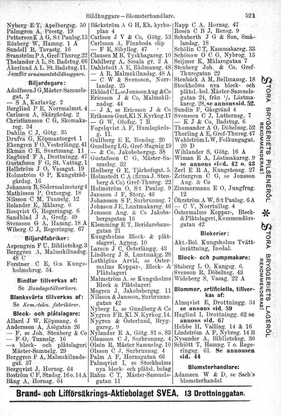 33 Svanström P A, Gref-Thureg.Sz Clausen M B, 'I'yskbagareg. 10 Schönow C G, Nybrog. 13, ThelanderA L, St, Badstug. 66 Dahlberg A, Smala gr. 2 A Seijmer K, Målaregatan 7 ÅkerlundAL. St, Badstug. 11.