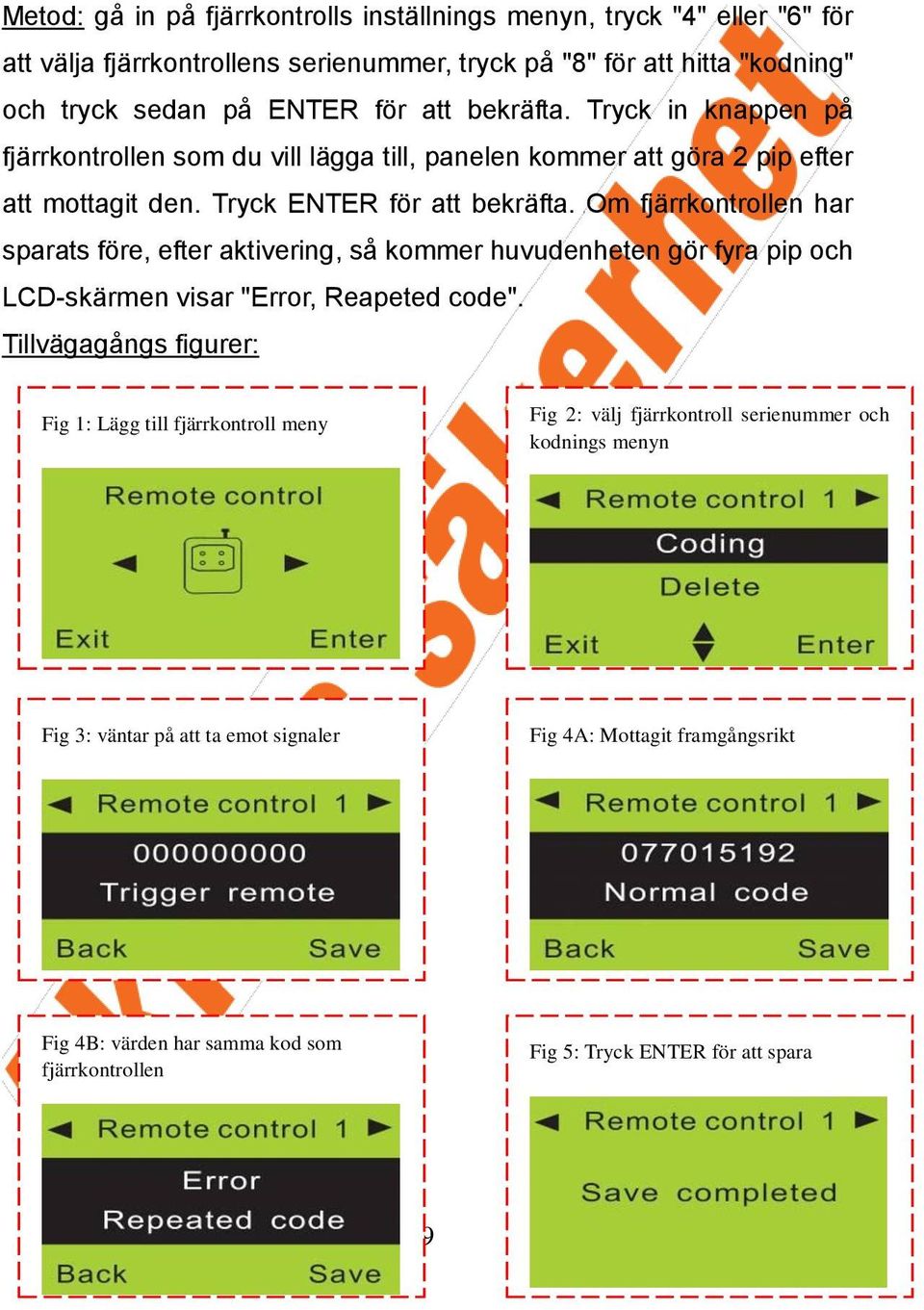 Om fjärrkontrollen har sparats före, efter aktivering, så kommer huvudenheten gör fyra pip och LCD-skärmen visar "Error, Reapeted code".