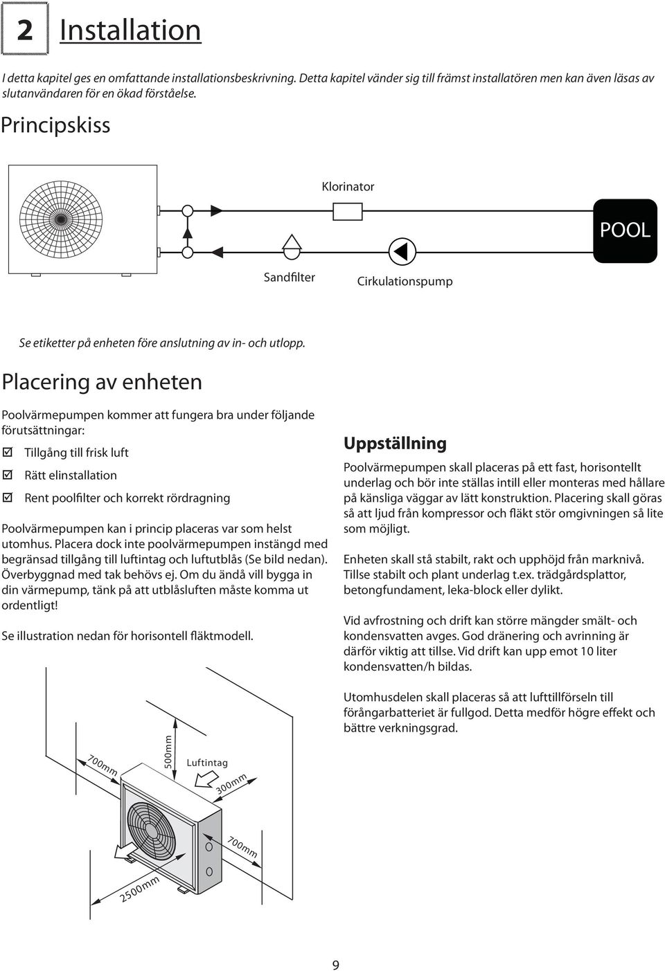 Placering av enheten Poolvärmepumpen kommer att fungera bra under följande förutsättningar: Tillgång till frisk luft Rätt elinstallation Rent poolfilter och korrekt rördragning Poolvärmepumpen kan i