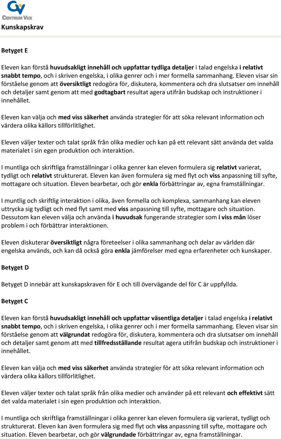 Eleven visar sin förståelse genom att översiktligt redogöra för, diskutera, kommentera och dra slutsatser om innehåll och detaljer samt genom att med godtagbart resultat agera utifrån budskap och