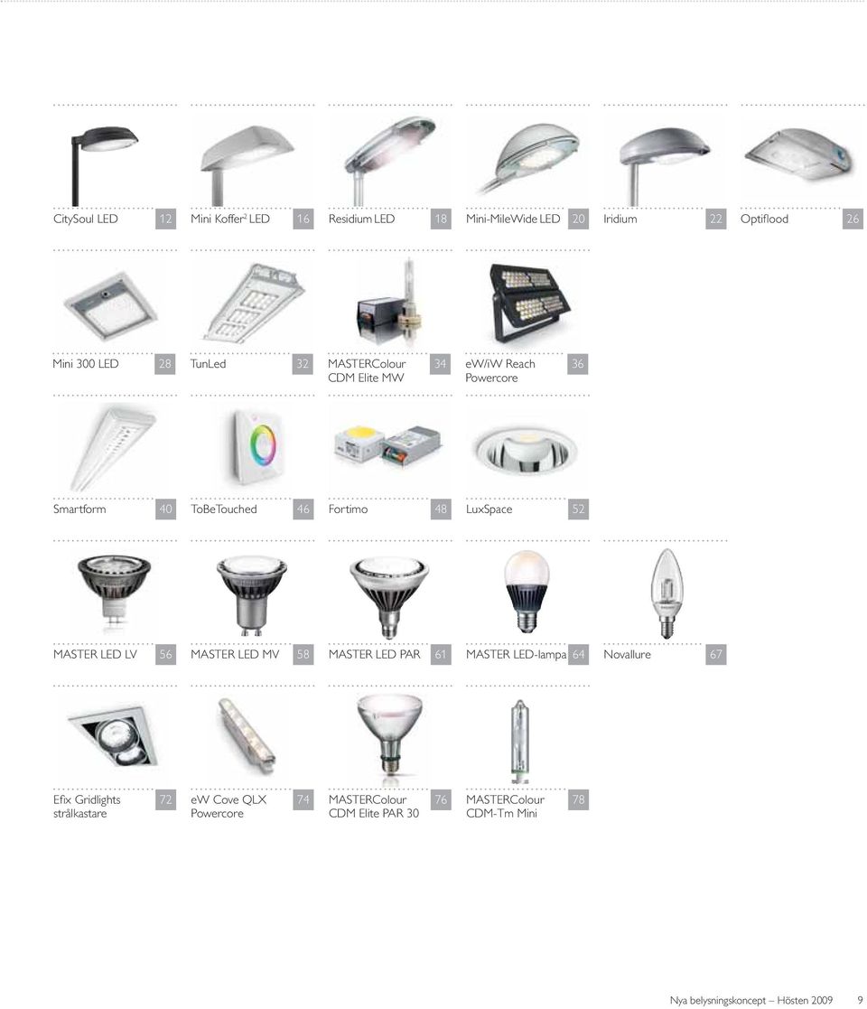 MASTER LED LV 56 MASTER LED MV 58 MASTER LED PAR 61 MASTER LED-lampa 64 Novallure 67 Efi x Gridlights strålkastare 72