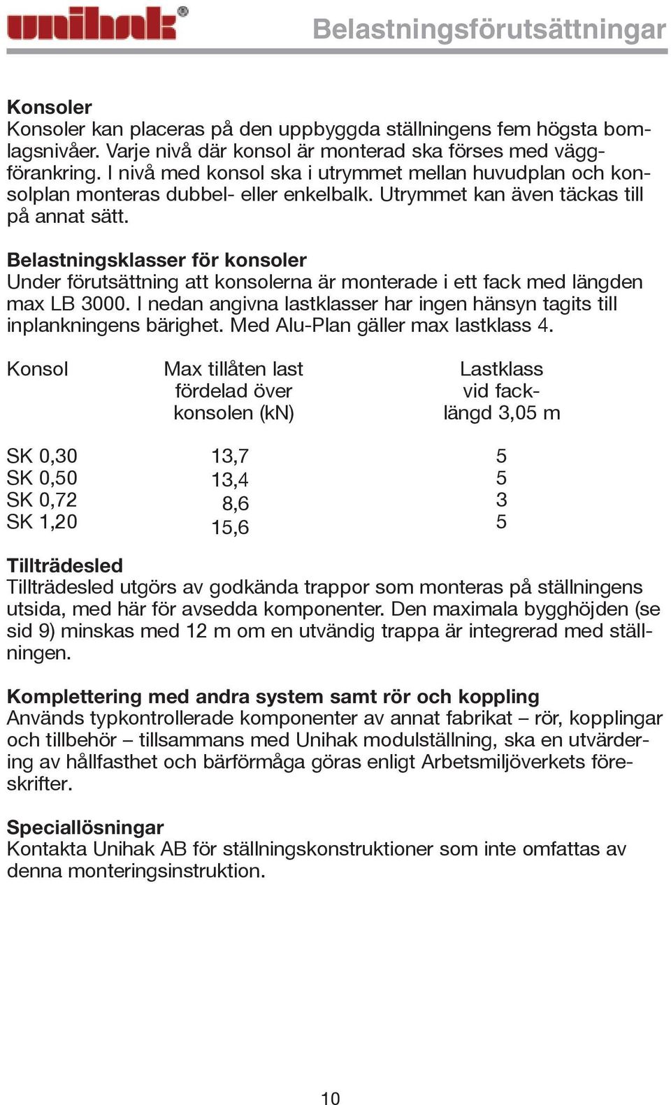 Belastningsklasser för konsoler Under förutsättning att konsolerna är monterade i ett fack med längden max LB 3000. I nedan angivna lastklasser har ingen hänsyn tagits till inplankningens bärighet.