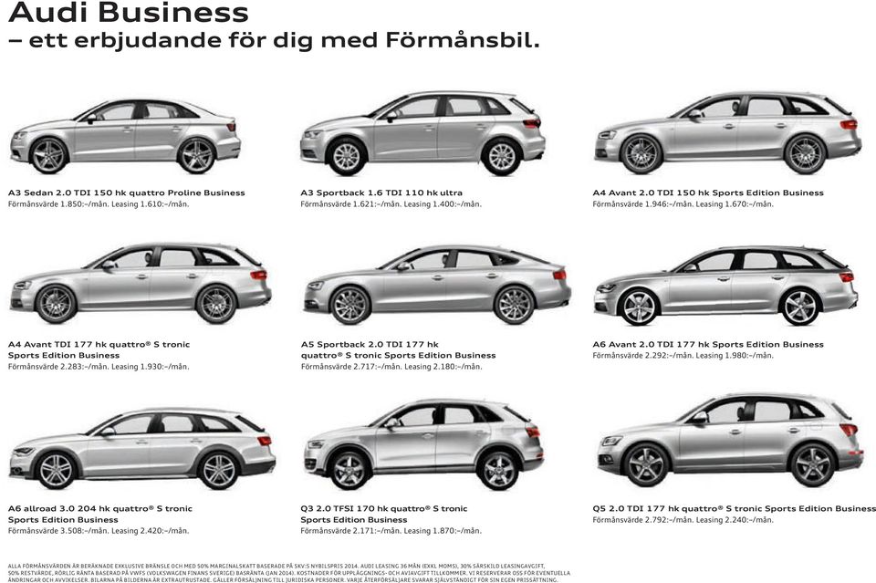 A4 Avant TDI 177 hk quattro S tronic Sports Edition Business Förmånsvärde 2.283: /mån. Leasing 1.930: /mån. A5 Sportback 2.0 TDI 177 hk quattro S tronic Sports Edition Business Förmånsvärde 2.