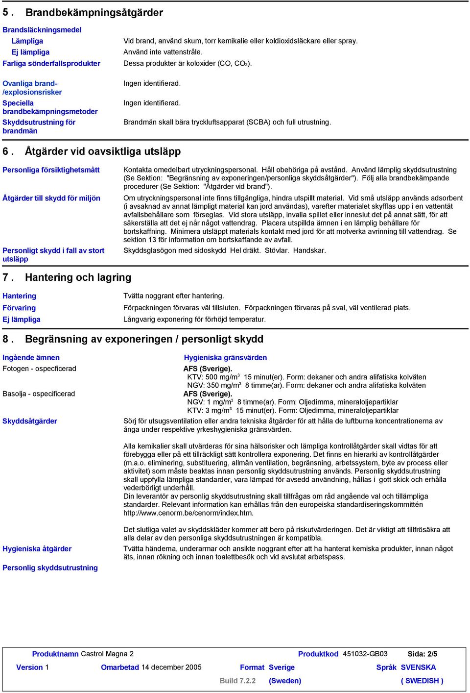 Ingen identifierad. Brandmän skall bära tryckluftsapparat (SCBA) och full utrustning. 6.
