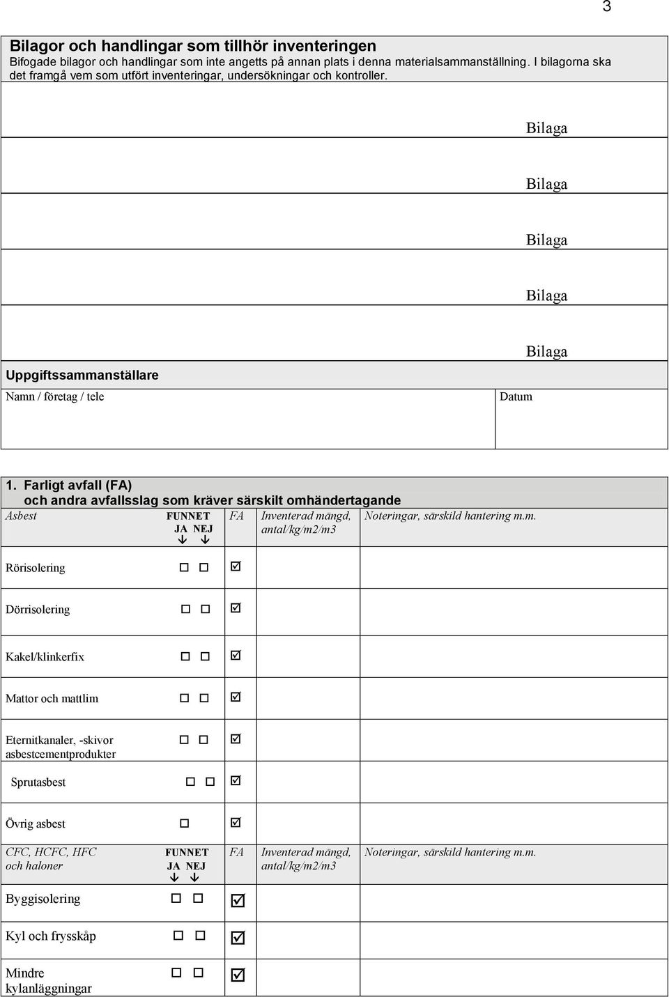 Farligt avfall () och andra avfallsslag som kräver särskilt omhändertagande Asbest Rörisolering Dörrisolering Kakel/klinkerfix Mattor och mattlim