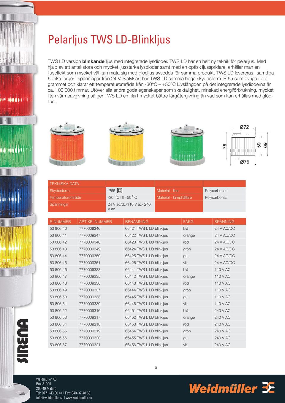 TWS LD levereras i samtliga 6 olika färger i spänningar från 24 V.