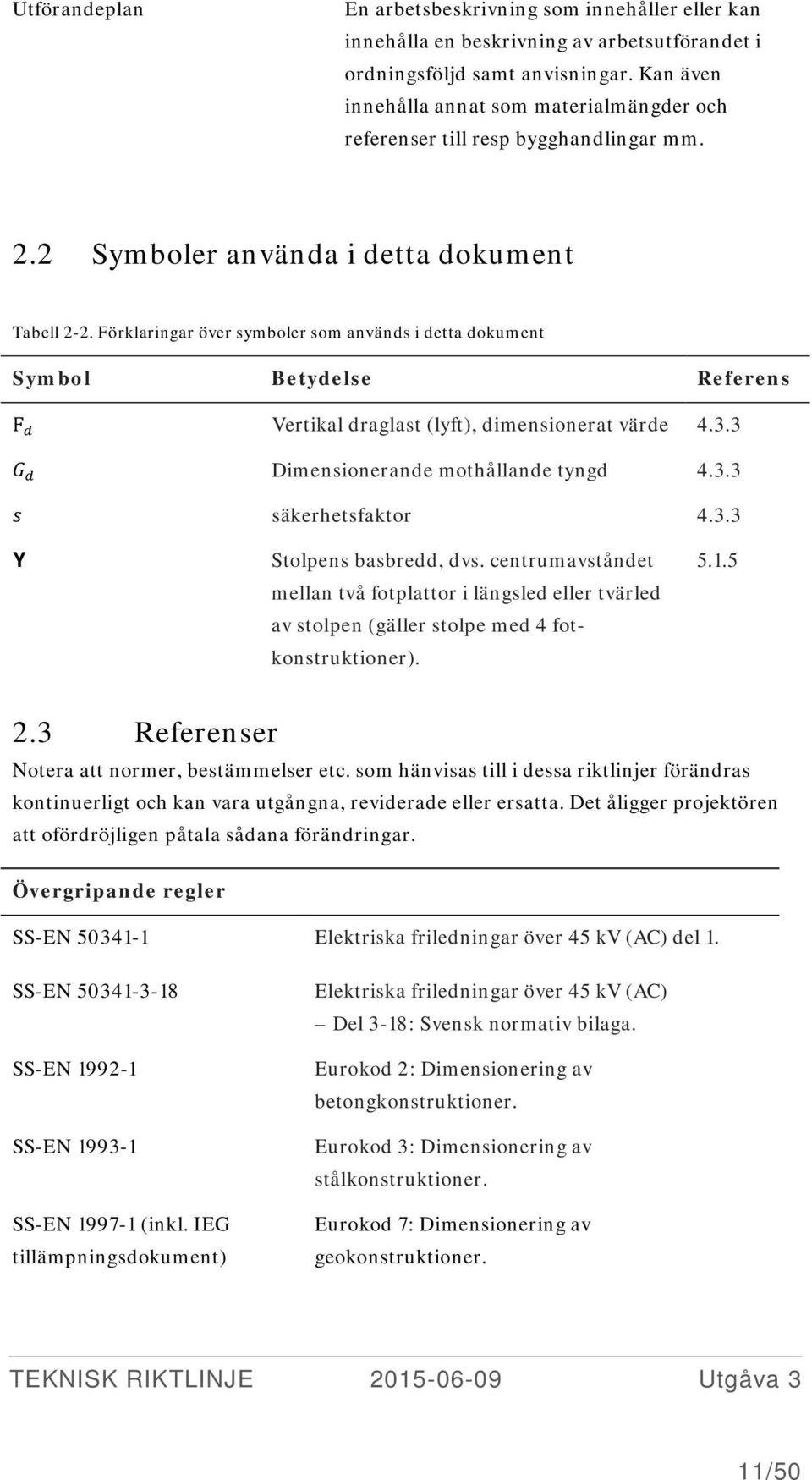 Förklaringar över symboler som används i detta dokument Symbol Betydelse Referens F dd Vertikal draglast (lyft), dimensionerat värde 4.3.3 GG dd Dimensionerande mothållande tyngd 4.3.3 ss säkerhetsfaktor 4.