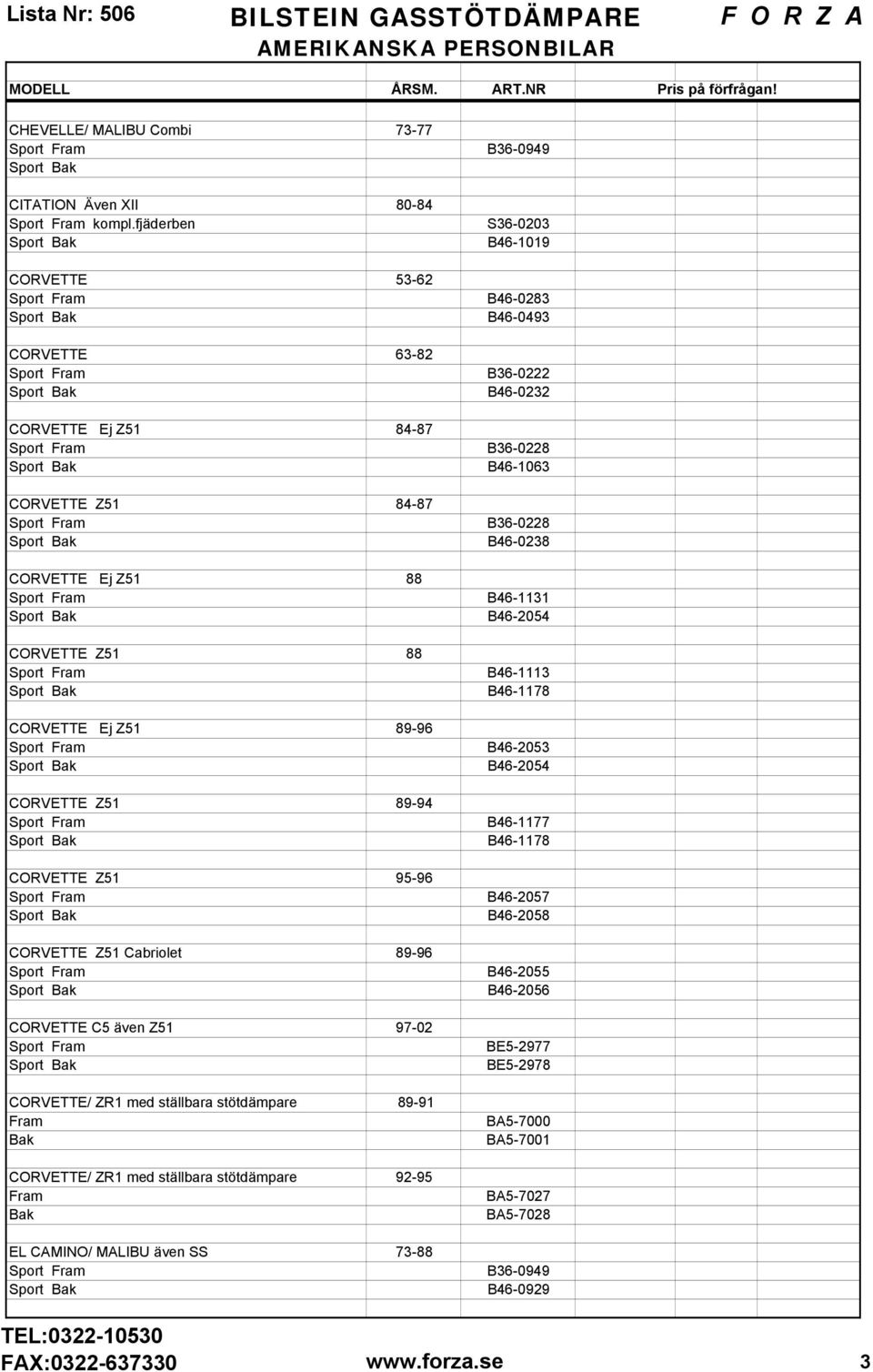 B46-1178 CORVETTE Z51 95-96 B46-2057 B46-2058 CORVETTE Z51 Cabriolet 89-96 B46-2055 B46-2056 CORVETTE C5 även Z51 97-02 CORVETTE/ ZR1 med ställbara stötdämpare 89-91 Fram