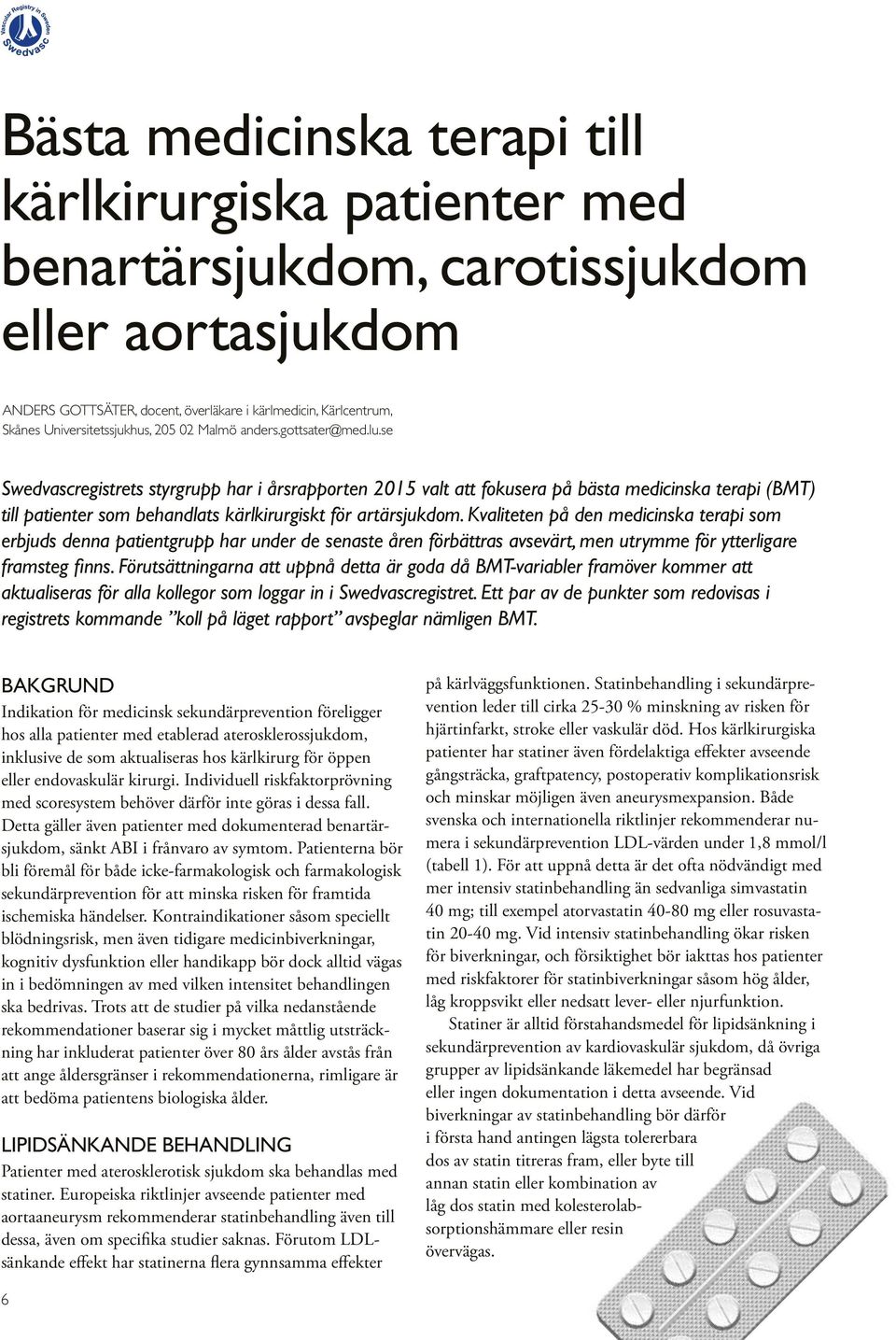 se Swedvascregistrets styrgrupp har i årsrapporten 2015 valt att fokusera på bästa medicinska terapi (BMT) till patienter som behandlats kärlkirurgiskt för artärsjukdom.